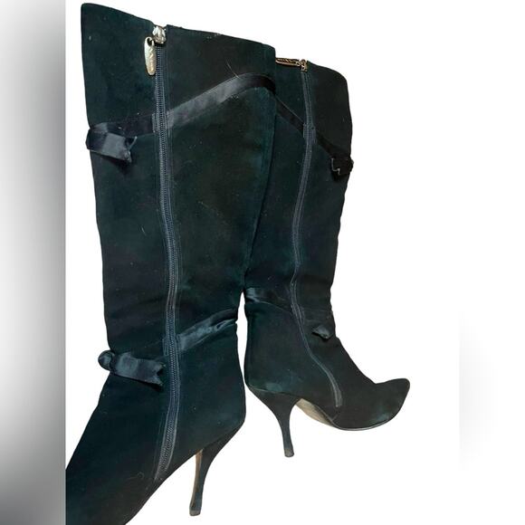 Nina Black Suede and Ribbon High Heel Boots 7 M - Picture 3 of 5